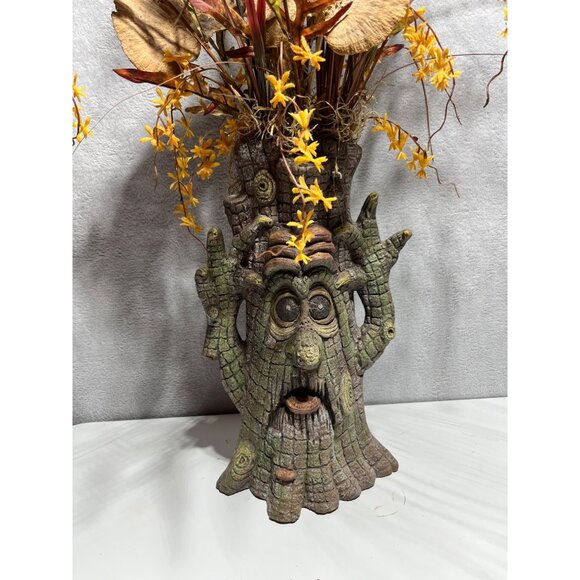 Halloween Scary Ceramic Tree Stump Face Vase Artificial Dried Flowers - Picture 1 of 12
